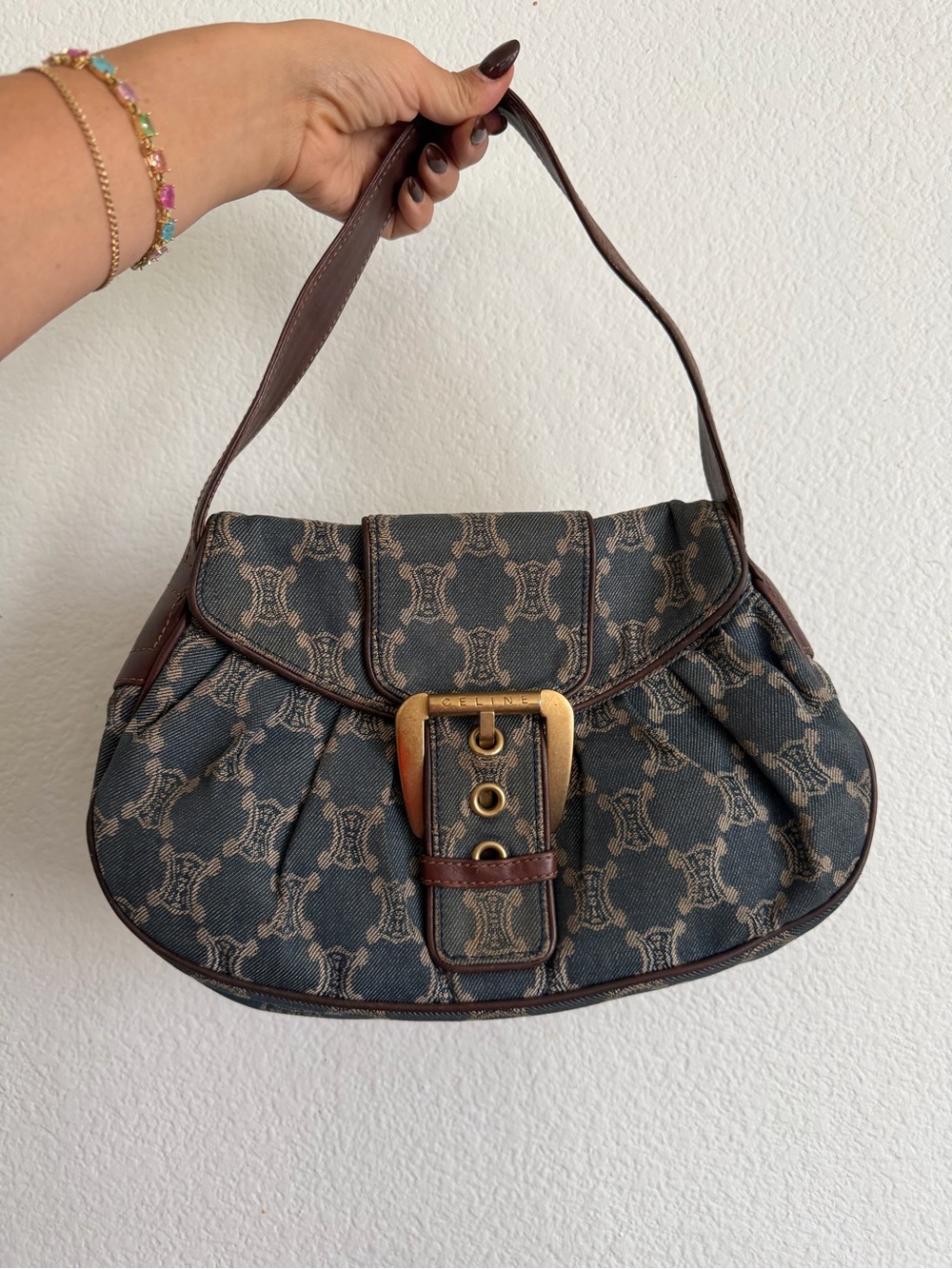 Vintage Celine denim Canvas Logo-Print Shoulder Bag with Gold Buckle